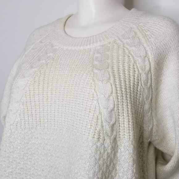 St. John’s Bay Beige Cream Gold Metallic Weave Crew Neck Cable Knit Sweater XL - Picture 3 of 9